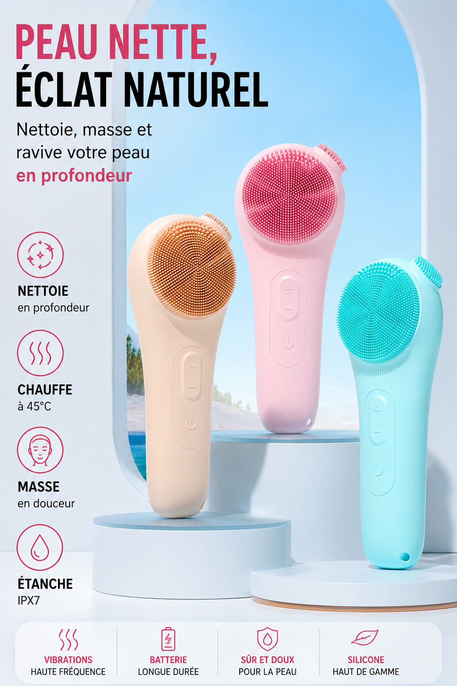 Appareil de Soin Visage 3-en-1 – Nettoyant, Brosse Ciblée & Massage Tiède